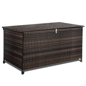 120 Gal. Outdoor Wicker Storage Box Waterproof, Resin Rattan Deck Box for Patio Garden Furniture, Outdoor Cushion Storage